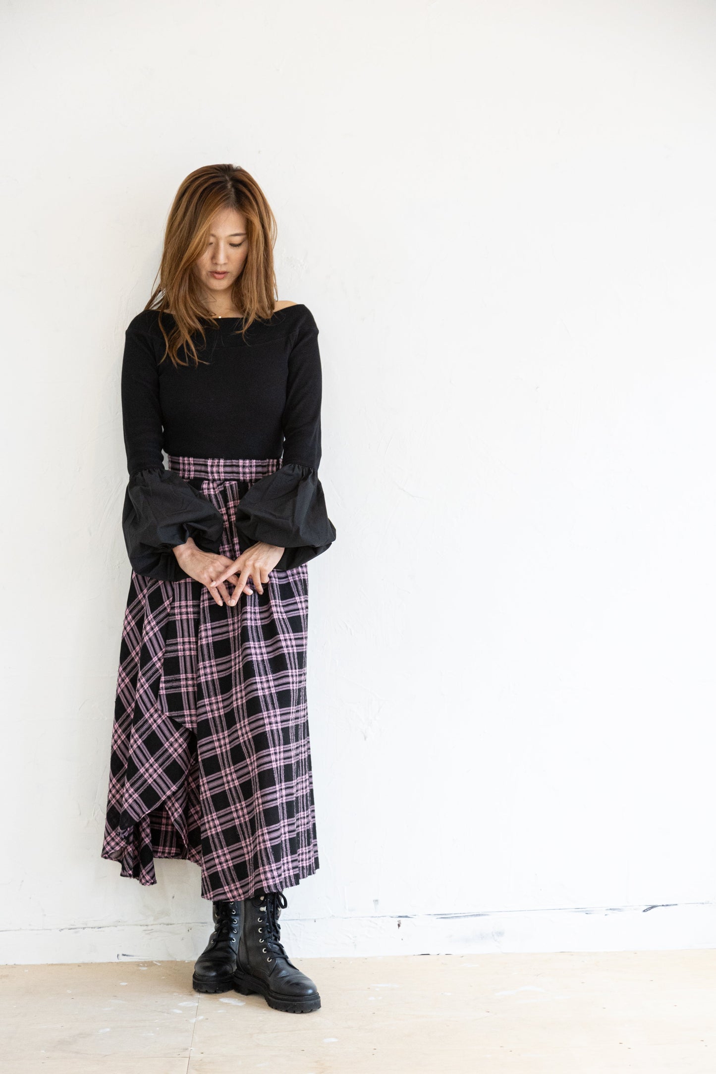 BALLOON SLEEVE COTTON RIB KNIT【BLACK】