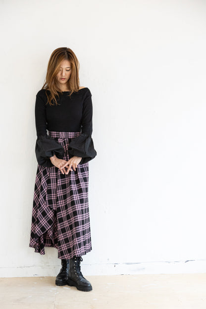 BALLOON SLEEVE COTTON RIB KNIT【BLACK】