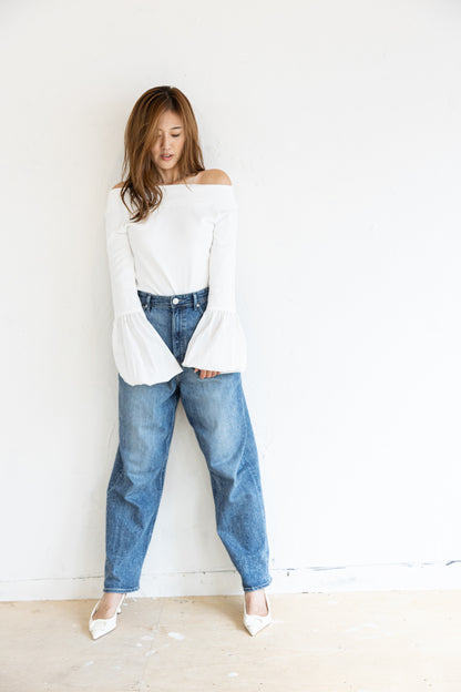 BALLOON SLEEVE COTTON RIB KNIT【WHITE】