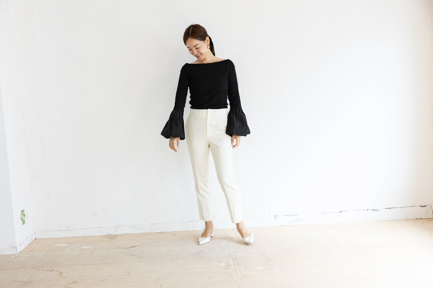 BALLOON SLEEVE COTTON RIB KNIT【BLACK】