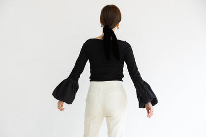 BALLOON SLEEVE COTTON RIB KNIT【BLACK】