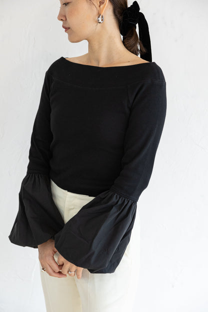 BALLOON SLEEVE COTTON RIB KNIT【BLACK】