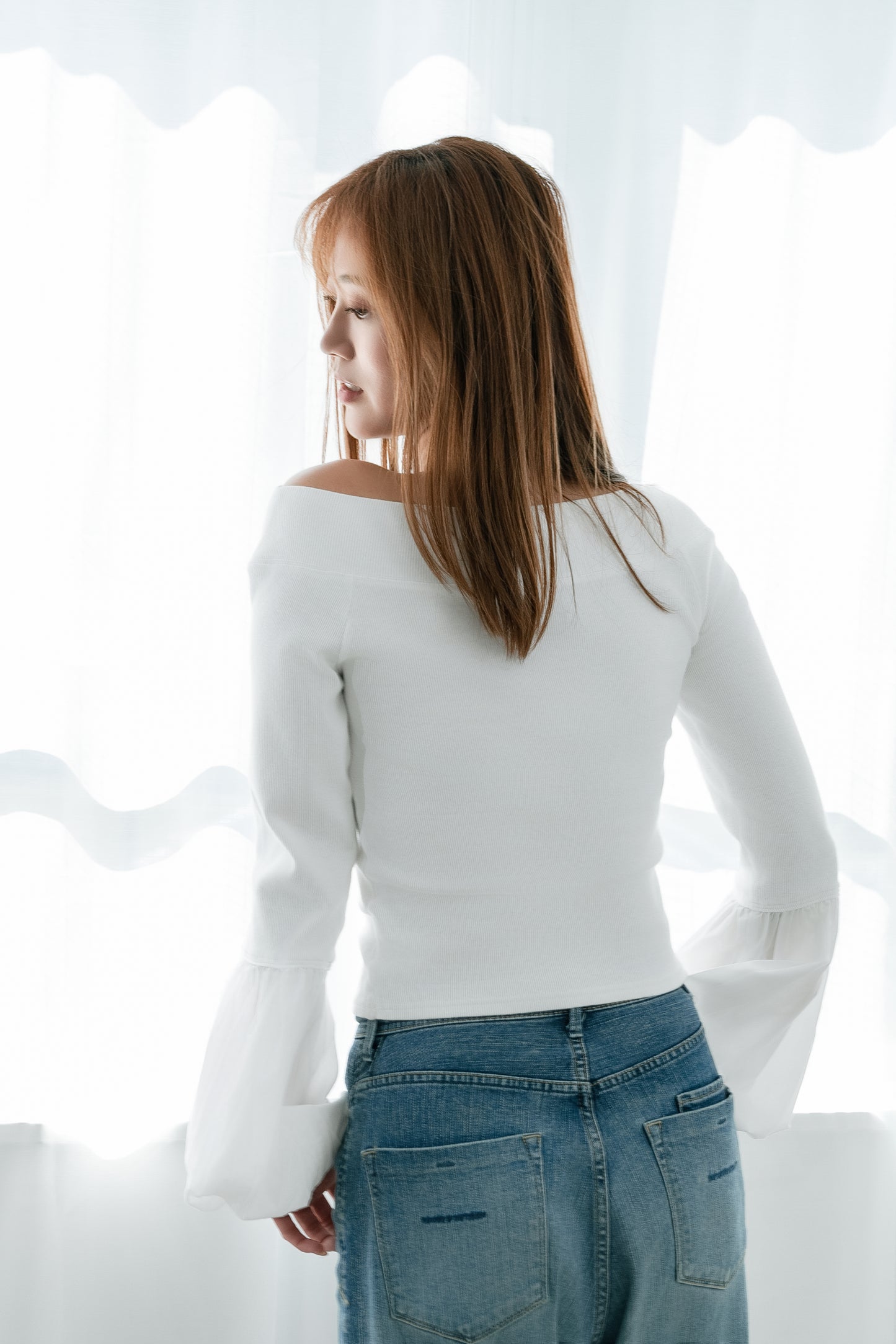 BALLOON SLEEVE COTTON RIB KNIT【WHITE】