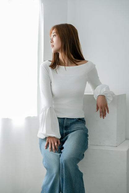 BALLOON SLEEVE COTTON RIB KNIT【WHITE】