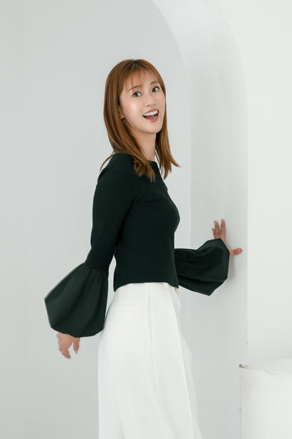 BALLOON SLEEVE COTTON RIB KNIT【BLACK】