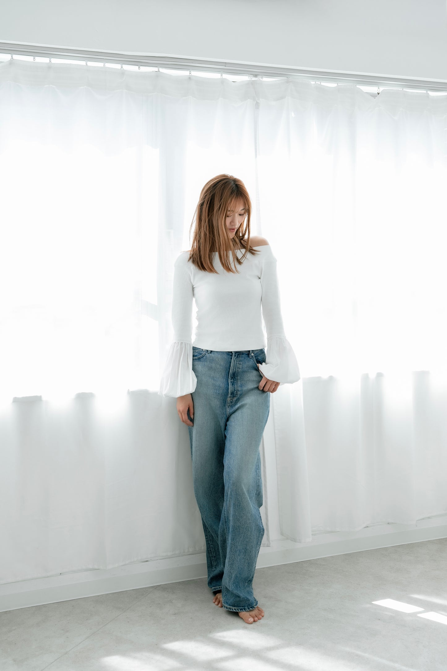 BALLOON SLEEVE COTTON RIB KNIT【WHITE】