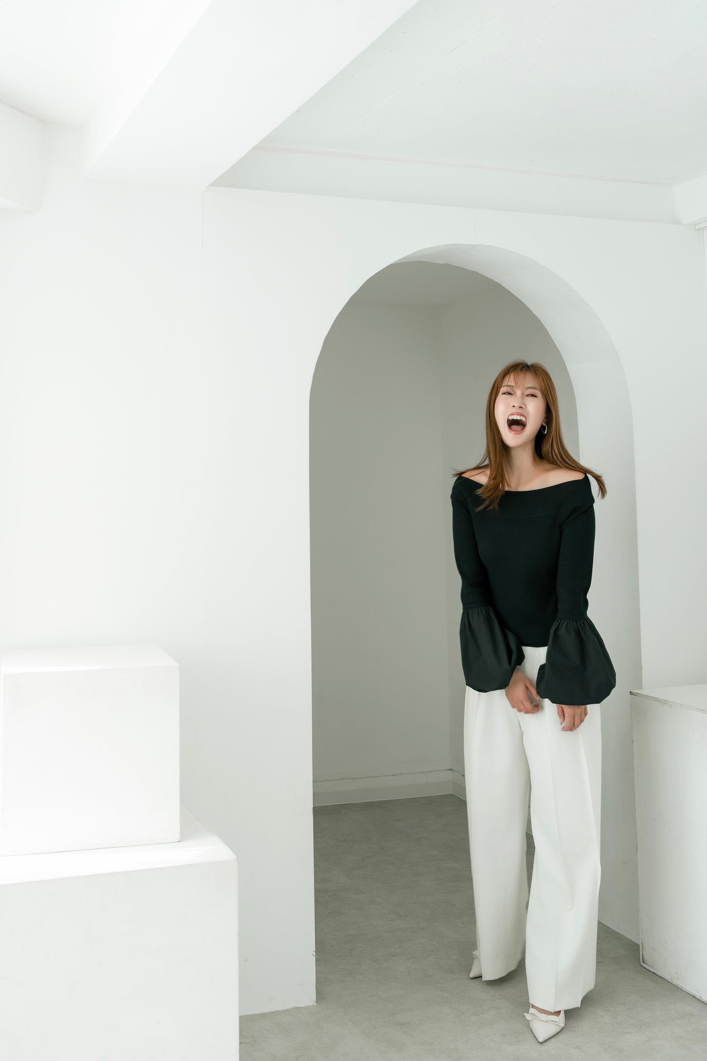 BALLOON SLEEVE COTTON RIB KNIT【BLACK】